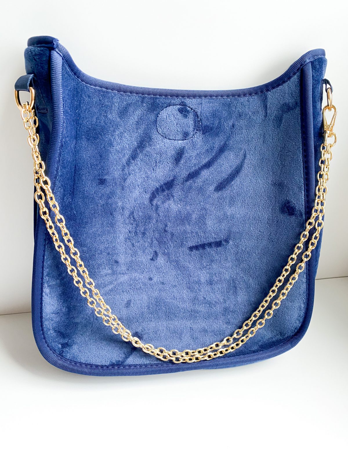 navy velvet crossbody with gold chain